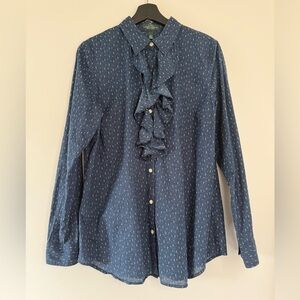 Lauren Jeans Co Ralph Lauren Ruffle Blouse Navy Print Button Front Women’s L